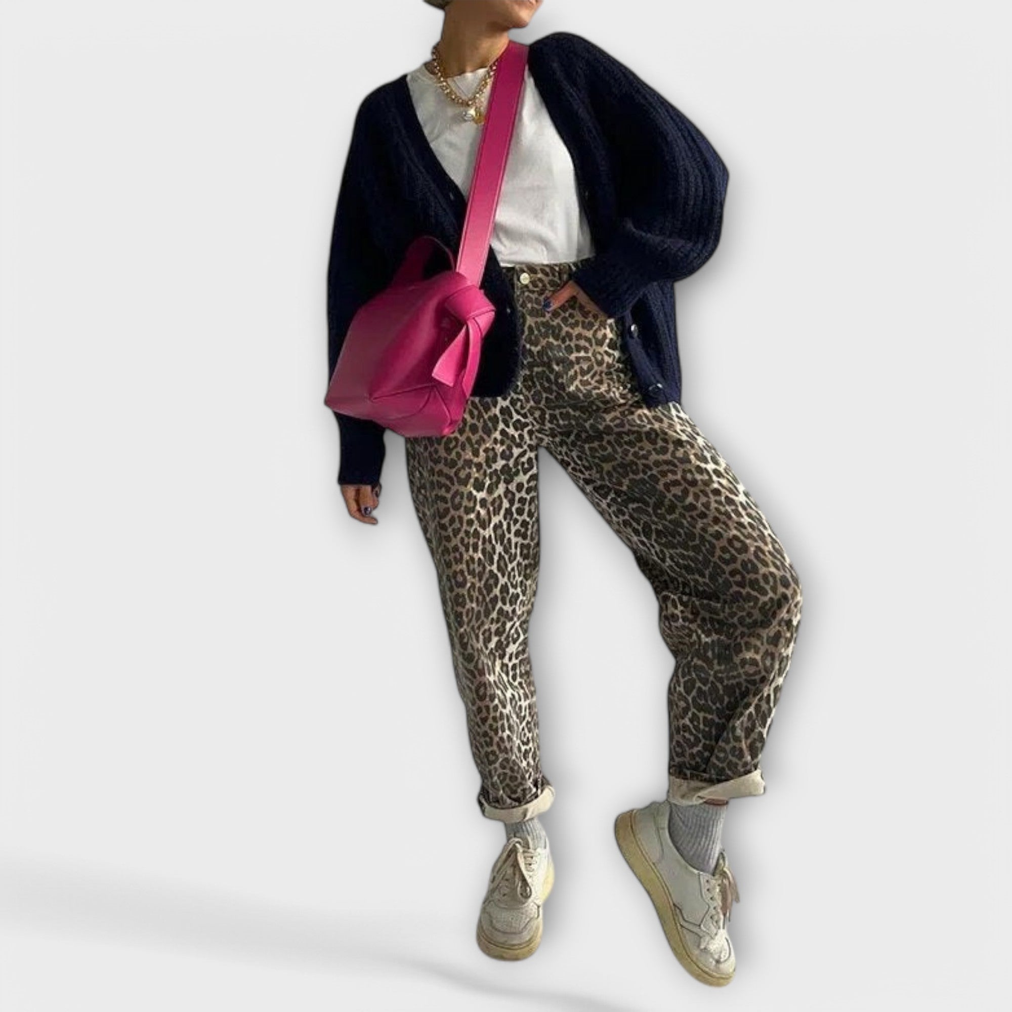 Carina - Retro Denim Trousers with Leopard Print Accents