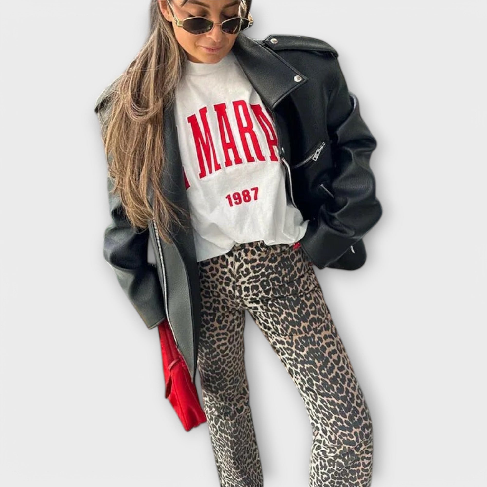 Carina - Retro Denim Trousers with Leopard Print Accents