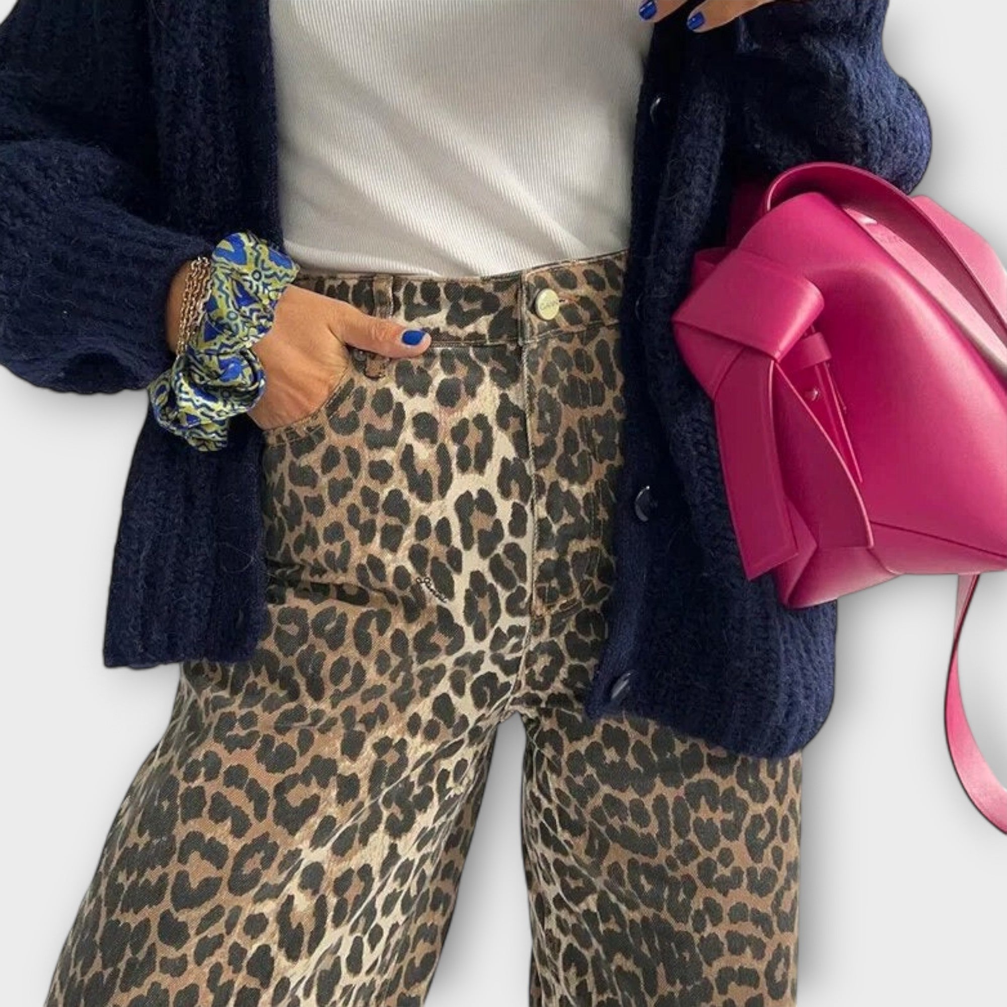 Carina - Retro Denim Trousers with Leopard Print Accents