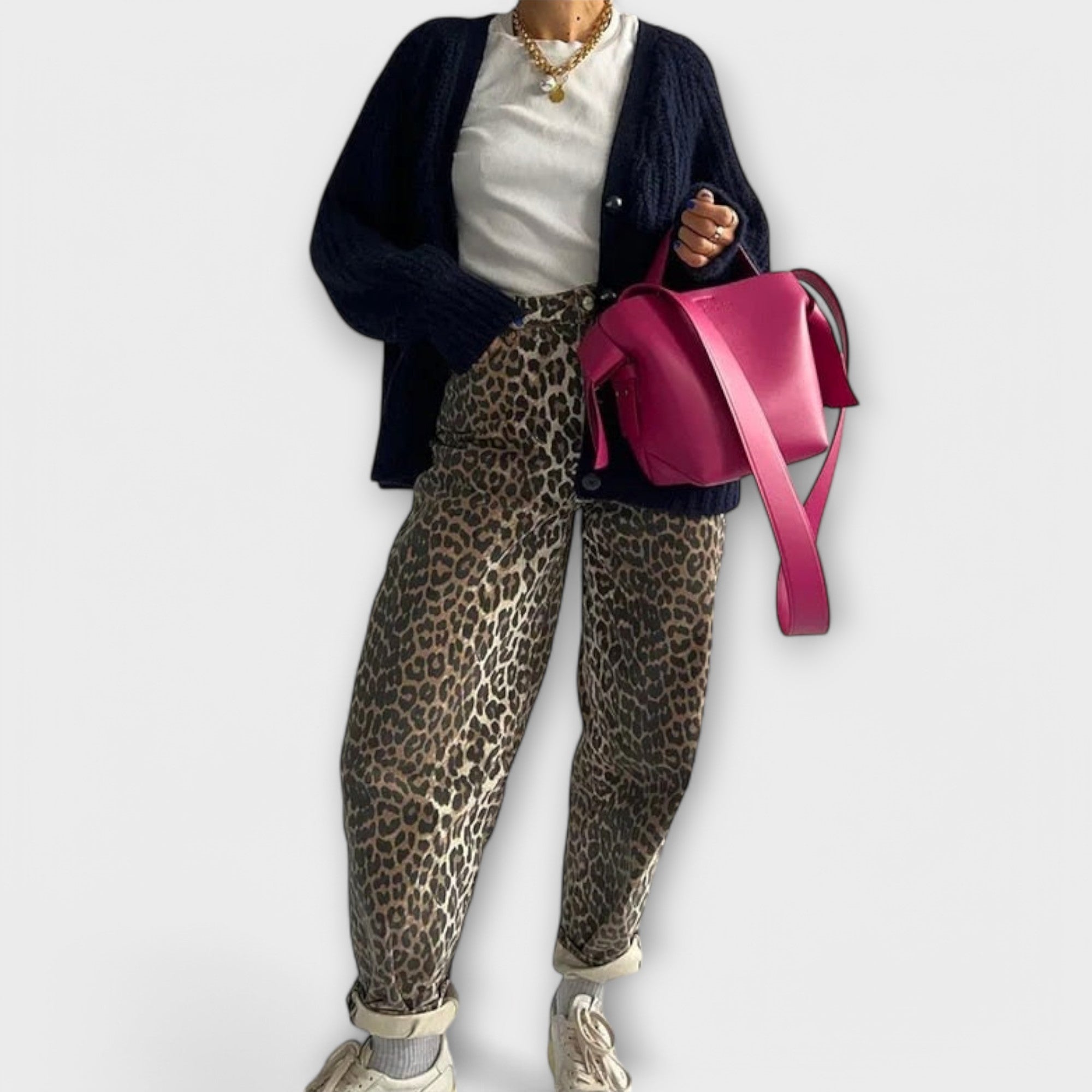 Carina - Retro Denim Trousers with Leopard Print Accents